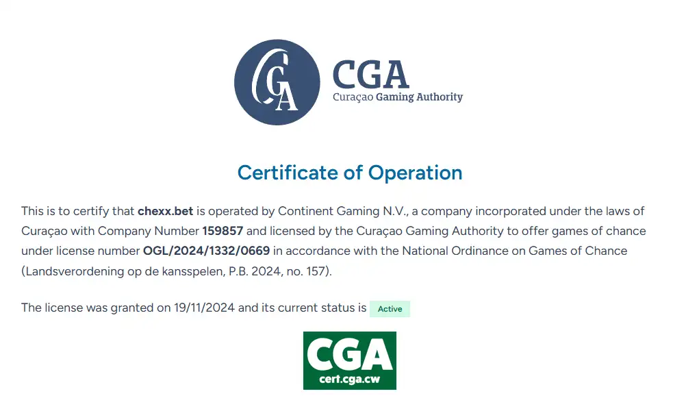 Certificado de operación de CHEXX en la Curaçao Gaming Authority